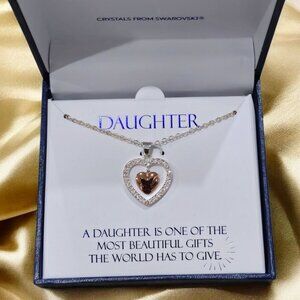 “Daughter” Swarovski Crystal Heart Pendant – 925 Silver & 18K Rose Gold 18"